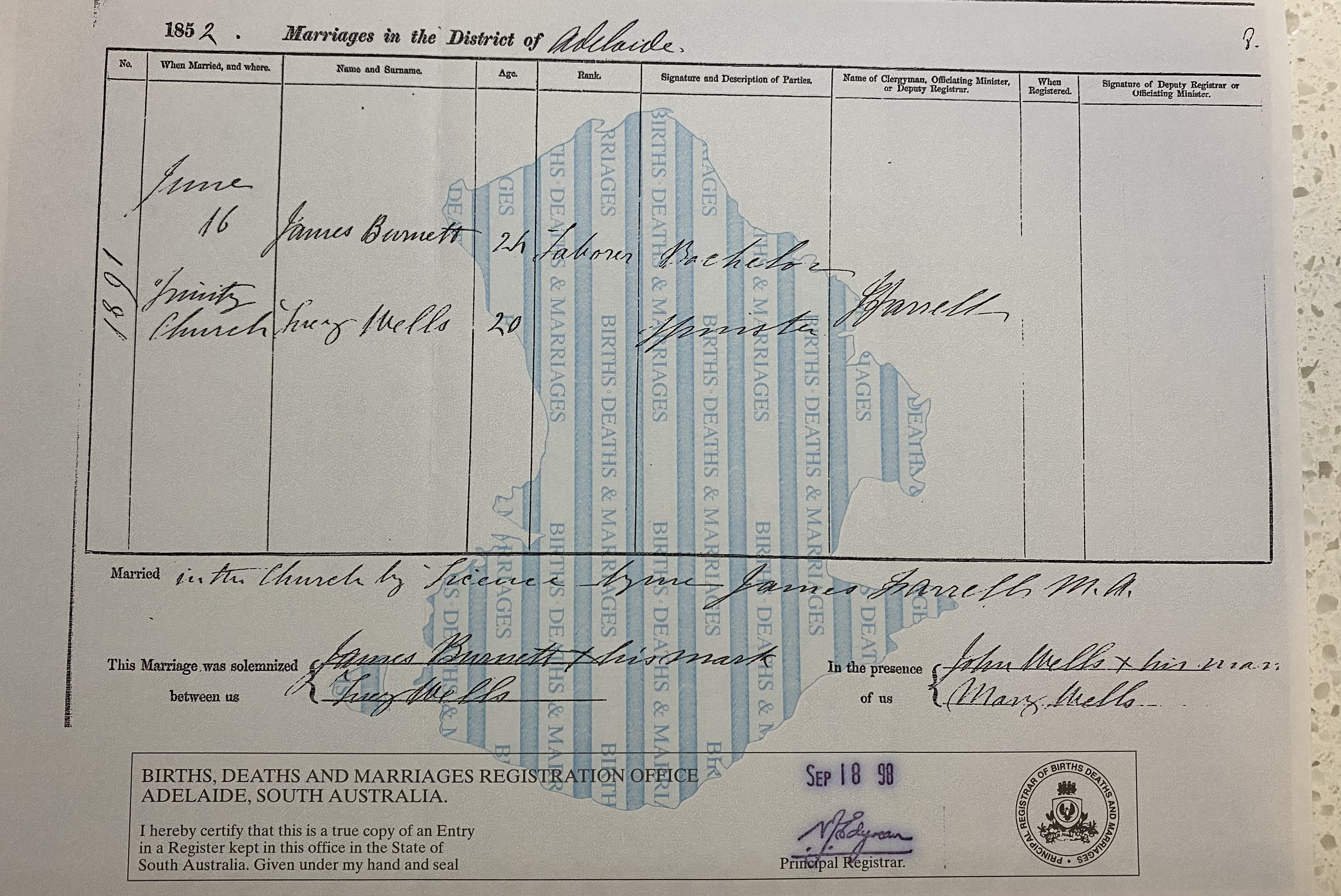 Marriage certificate James Burnett Lucy Wells Adelaide 1852