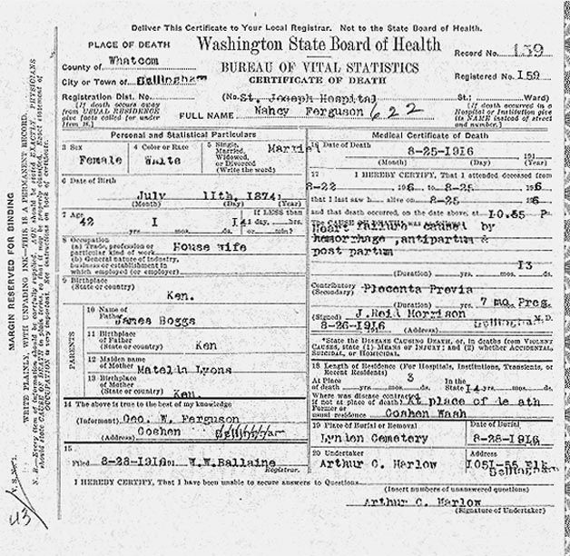Nancy Boggs Death Certificate