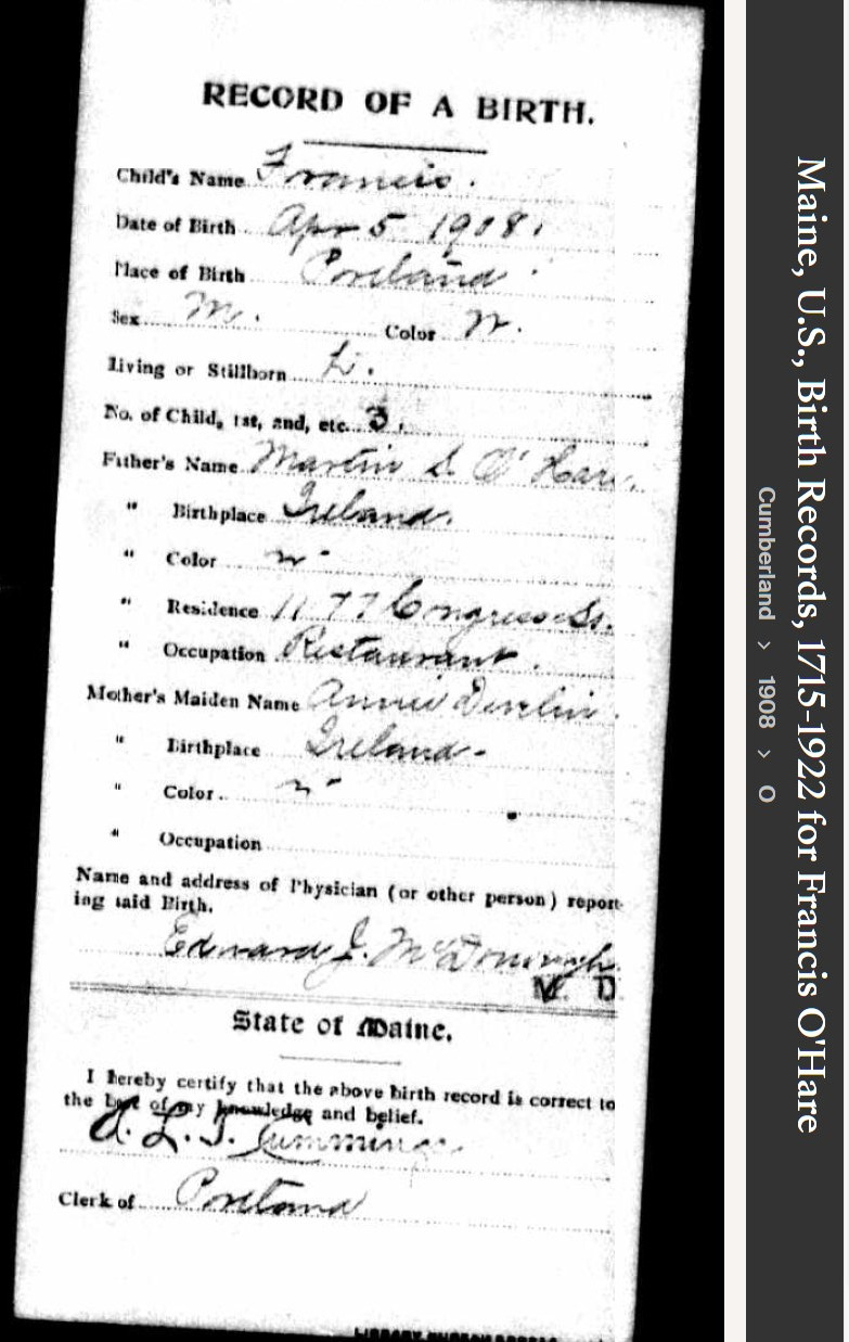 Francis Maynes O'Hare --Maine, U.S., Birth Records, 1715-1922(1908)