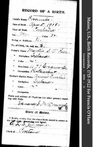 Francis Maynes O'Hare --Maine, U.S., Birth Records, 1715-1922(1908)