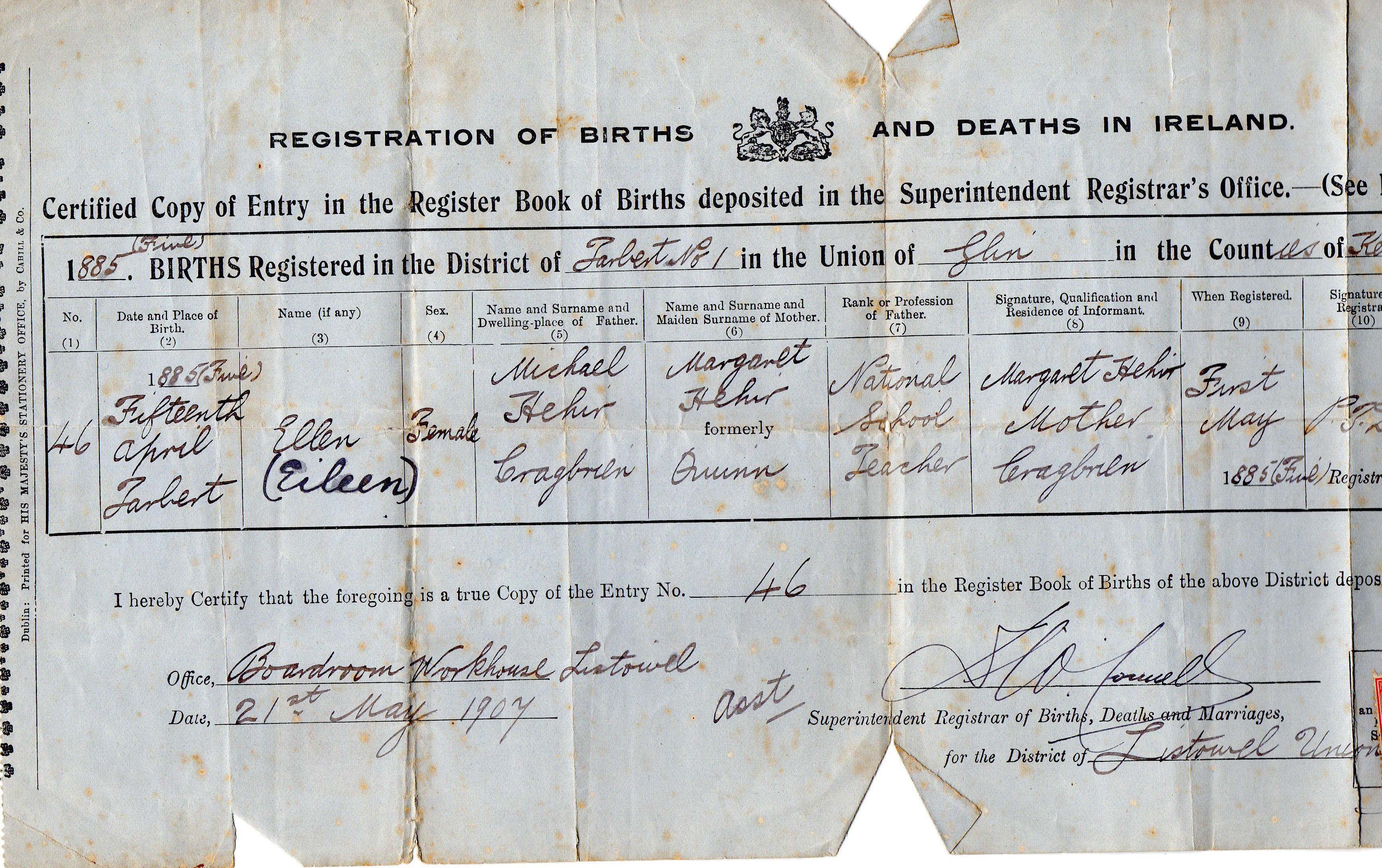 Eileen "Eily" (Hehir) Bryant Birth Cert 1885