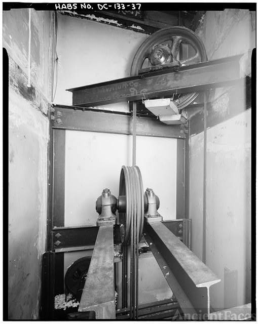 37. DETAIL OF UPPER ELEVATOR SHEAVES AND TOP OF ELEVATOR...