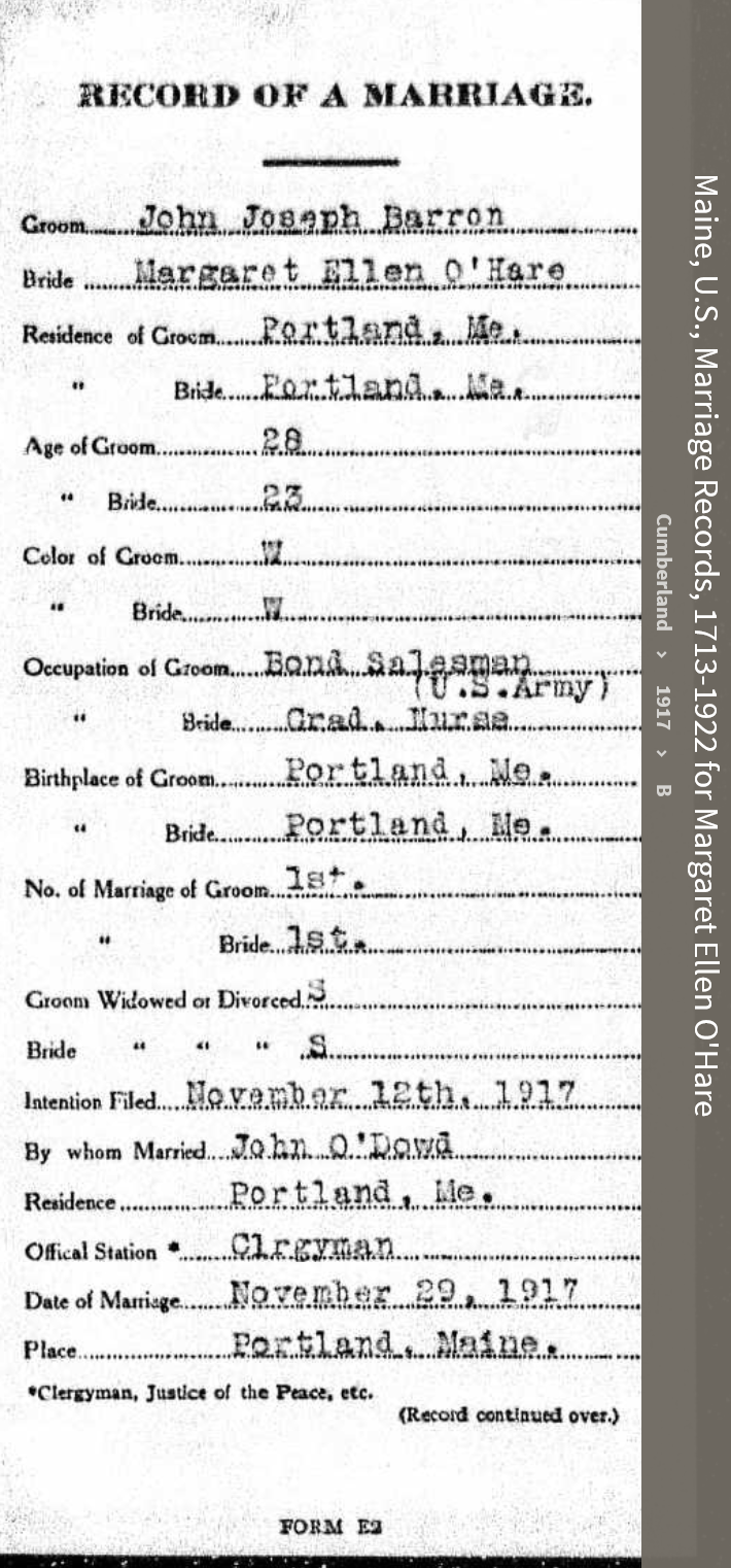 Margaret Eleanor O'Hare--Maine, U.S., Marriage Records, 1713-1922(1917)