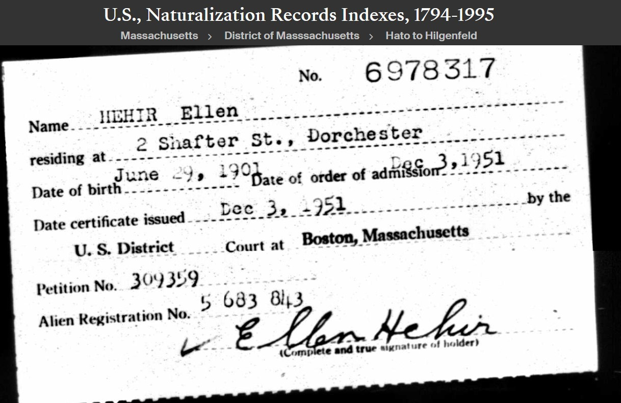Helen "Nellie" (Supple) Hehir--U.S., Naturalization Records Indexes, 1794-1995(3 dec 1951)