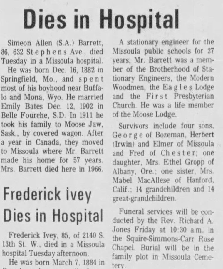 Simeon Allen Barrett Obituary - The Missoulian June 26th 1969