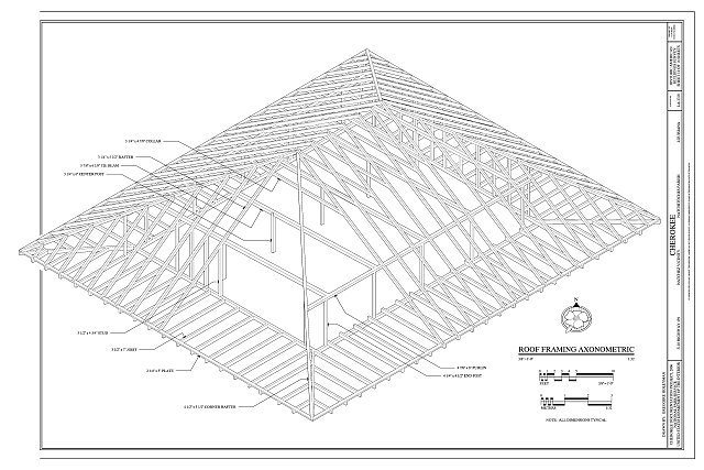 roof framing axonometric - Cherokee Plantation, Highway...