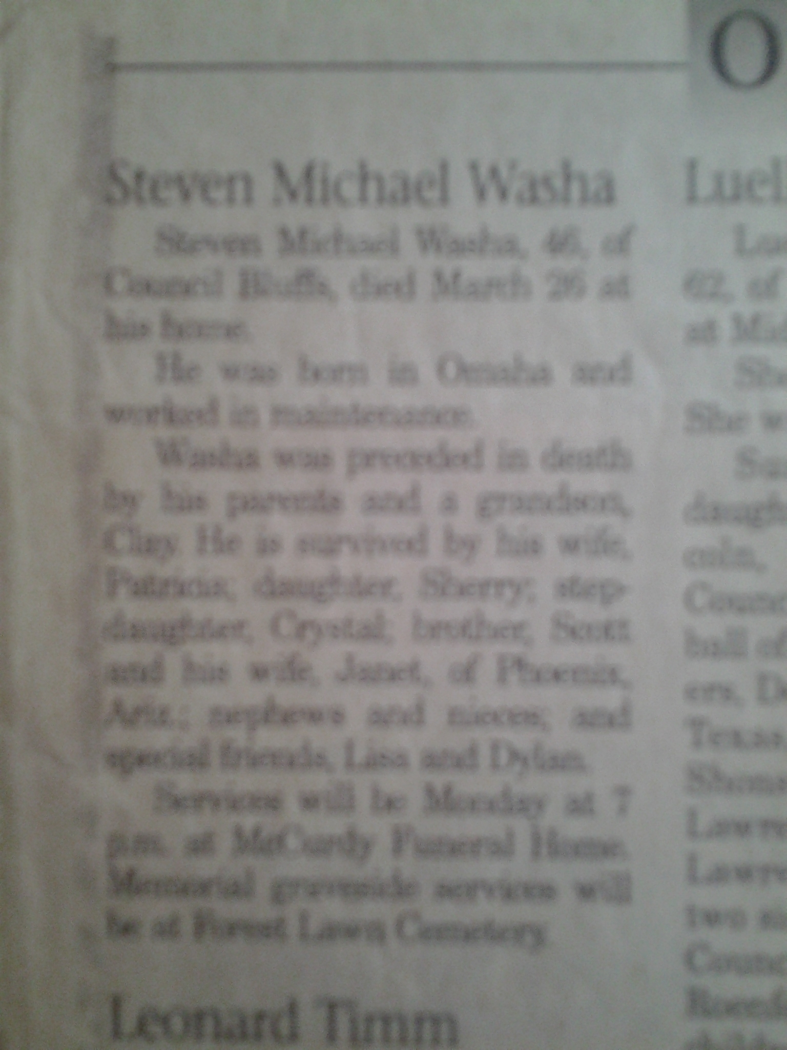 Steven M Washa Obituary