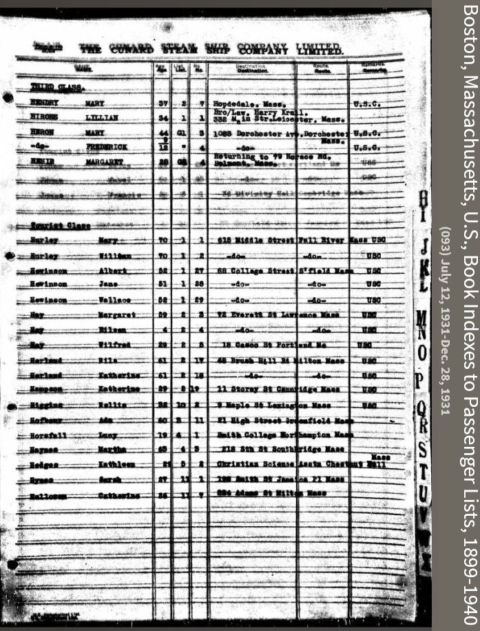 Margaret E. (Hehir) Quealey--Boston, Massachusetts, U.S., Book Indexes to Passenger Lists, 1899-1940(1931)