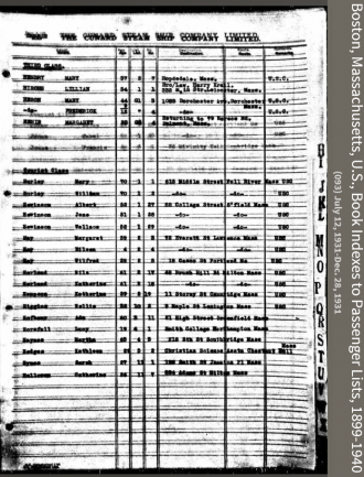 Margaret E. (Hehir) Quealey--Boston, Massachusetts, U.S., Book Indexes to Passenger Lists, 1899-1940(1931)