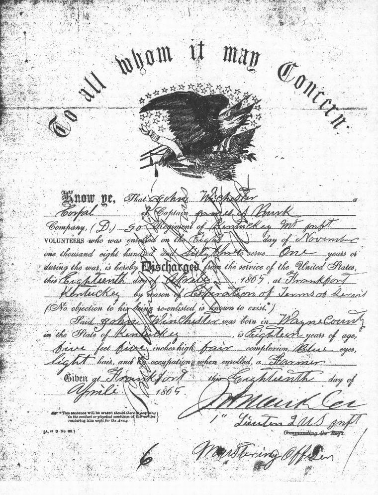 John Winchester Civil War Discharge