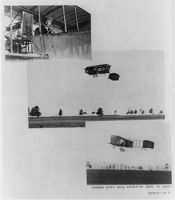 [Three scenes of Harry Houdini as aviator; close-up in...
