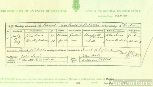 John & Dorothy (Richardson) Sims Marriage Certificate