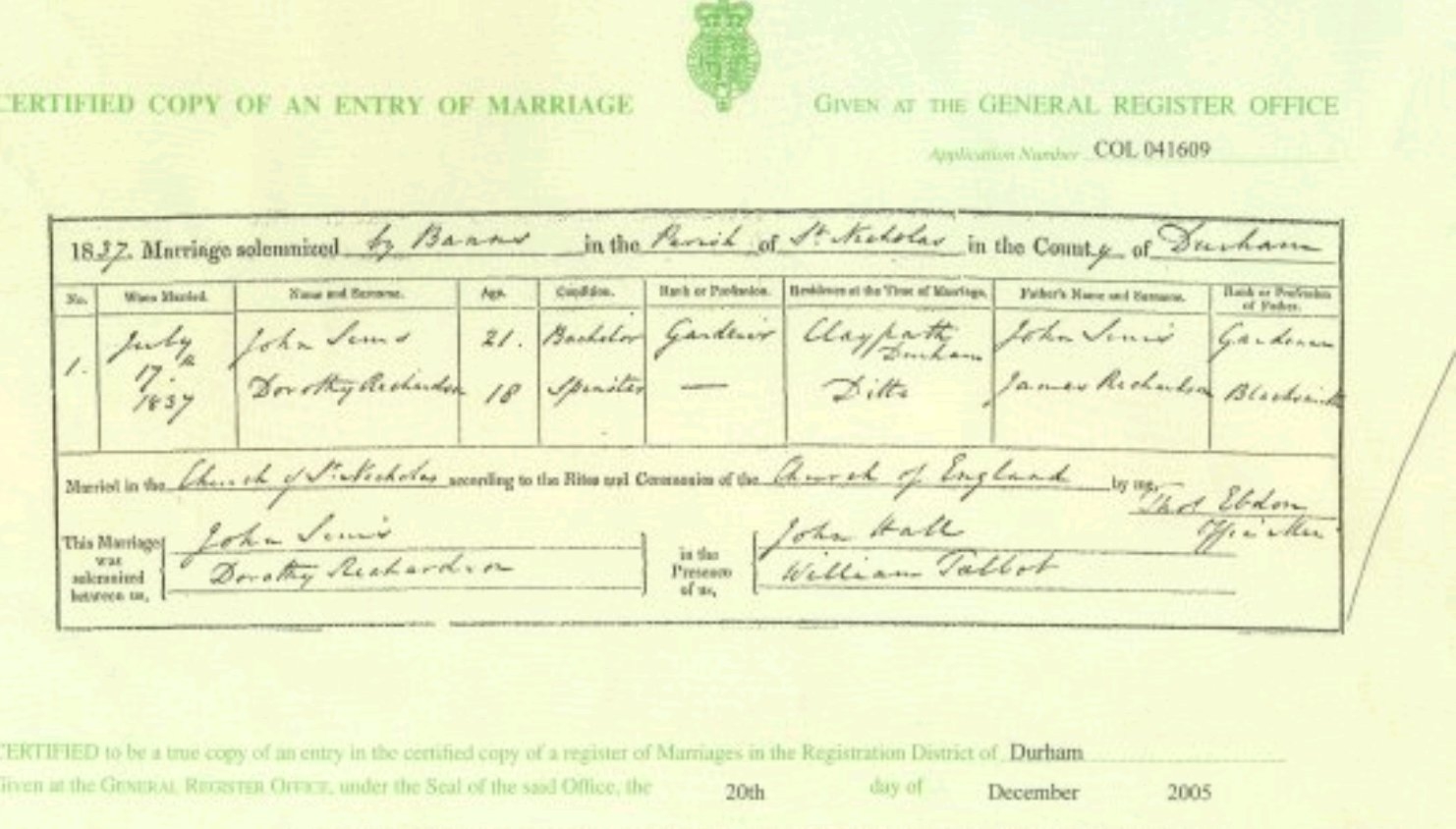 John & Dorothy (Richardson) Sims Marriage Certificate