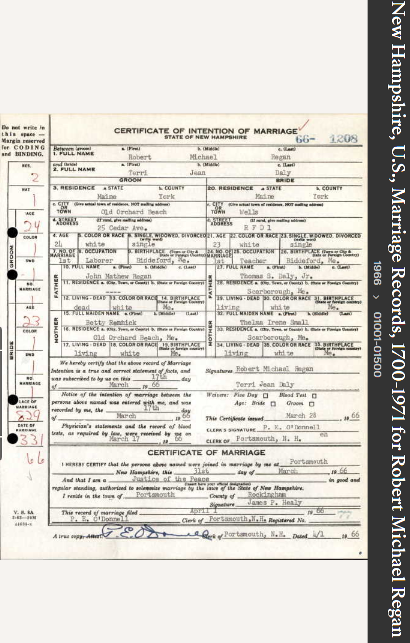 Robert Michael Regan--New Hampshire, U.S., Marriage Records, 1700-1971(1966)