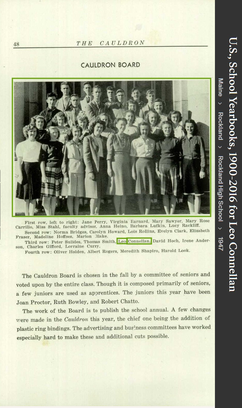 Leo Richard Connellan--U.S., School Yearbooks, 1900-1999(1947)Cauldron board