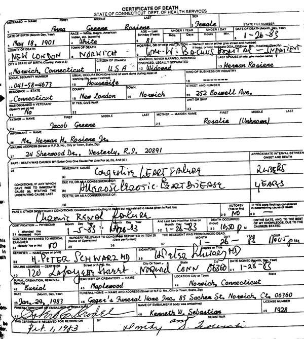 Anna Rosiene Death Certificate