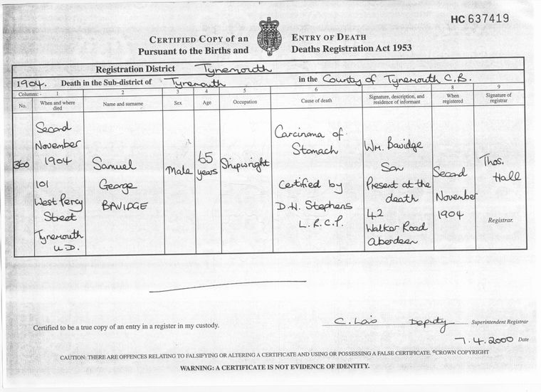 Samuel George Bavidge (Death Certificate) 1904