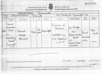 Samuel George Bavidge (Death Certificate) 1904
