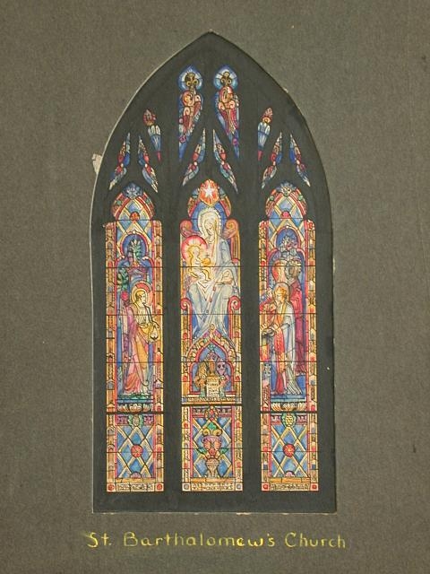 [Design drawing for stained glass window with Madonna and...