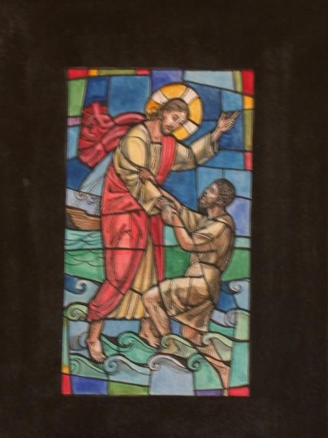 [Design drawing for stained glass window with Christ...
