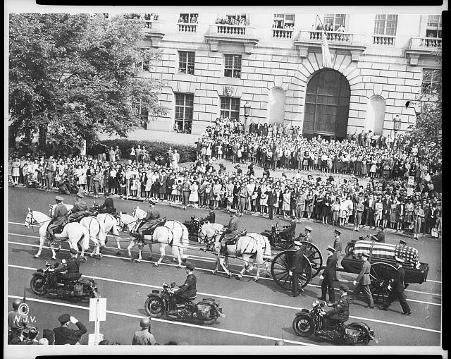 [Roosevelt's funeral procession with horse-drawn casket,...