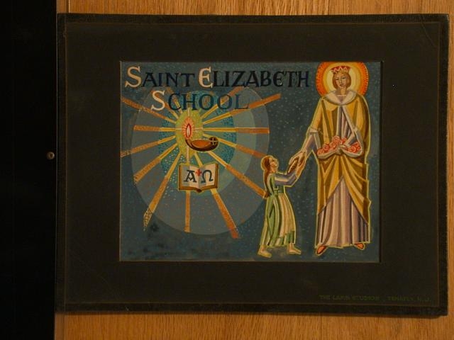 [Design drawing for mural with saint and girl to right of...