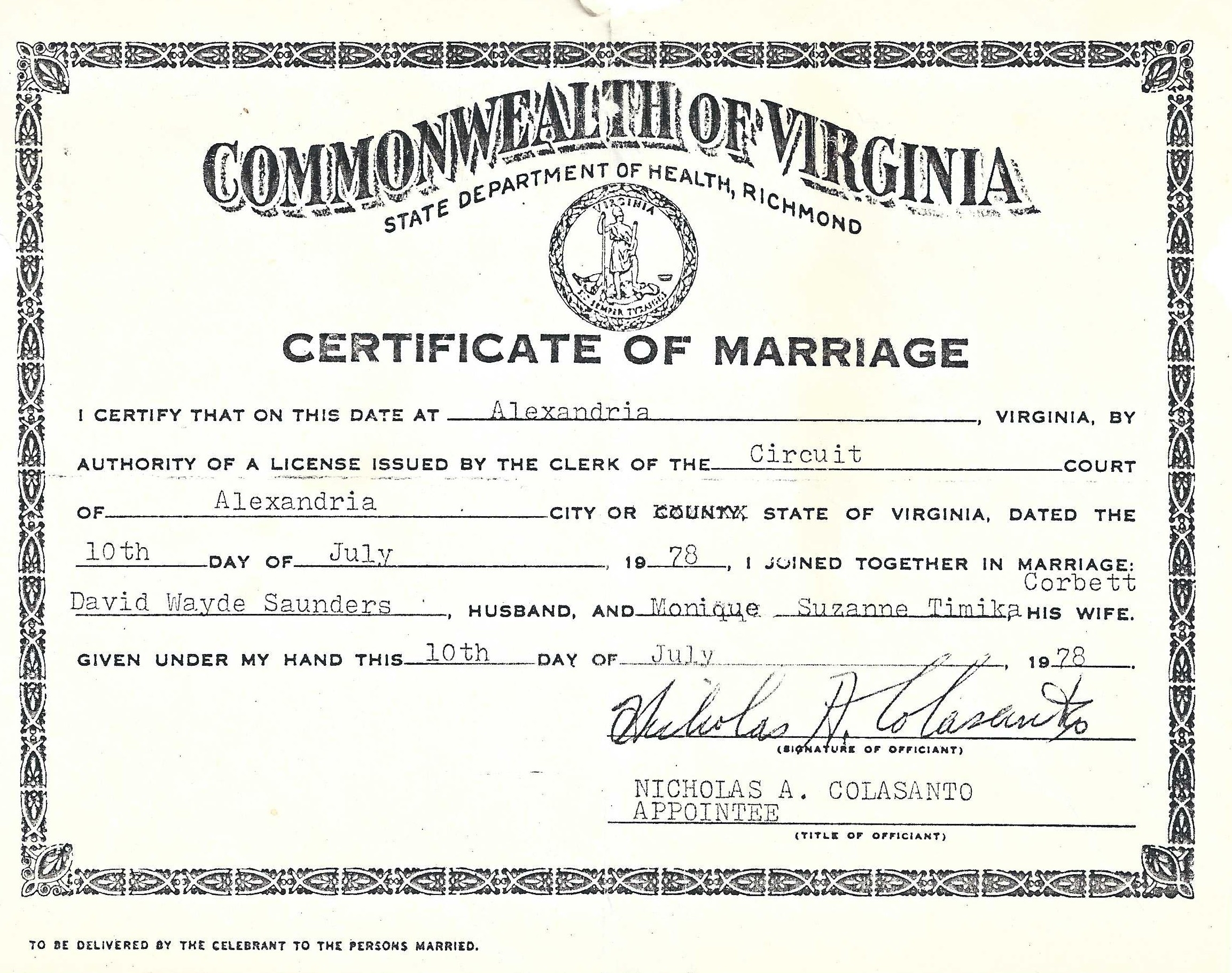 Saunders and Corbett marriage certificate