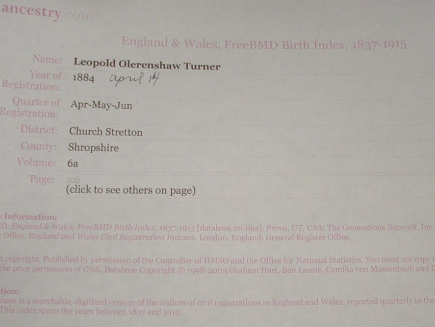 Leopold Olerenshaw Turner birth