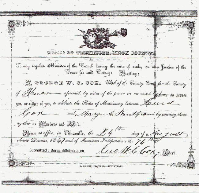 1849 Marriage License - Curd Cox/Mary Renfro