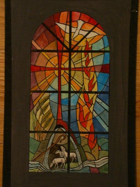 [Design drawing for stained glass window showing Trinity...