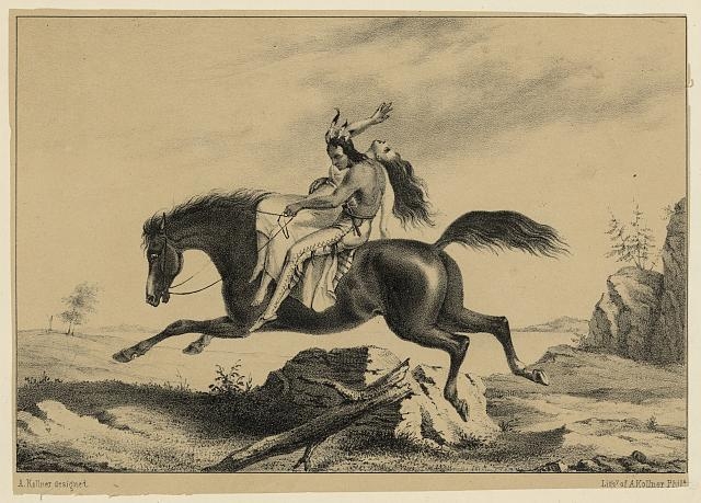 [Print speciman of American Indian man on horseback with...