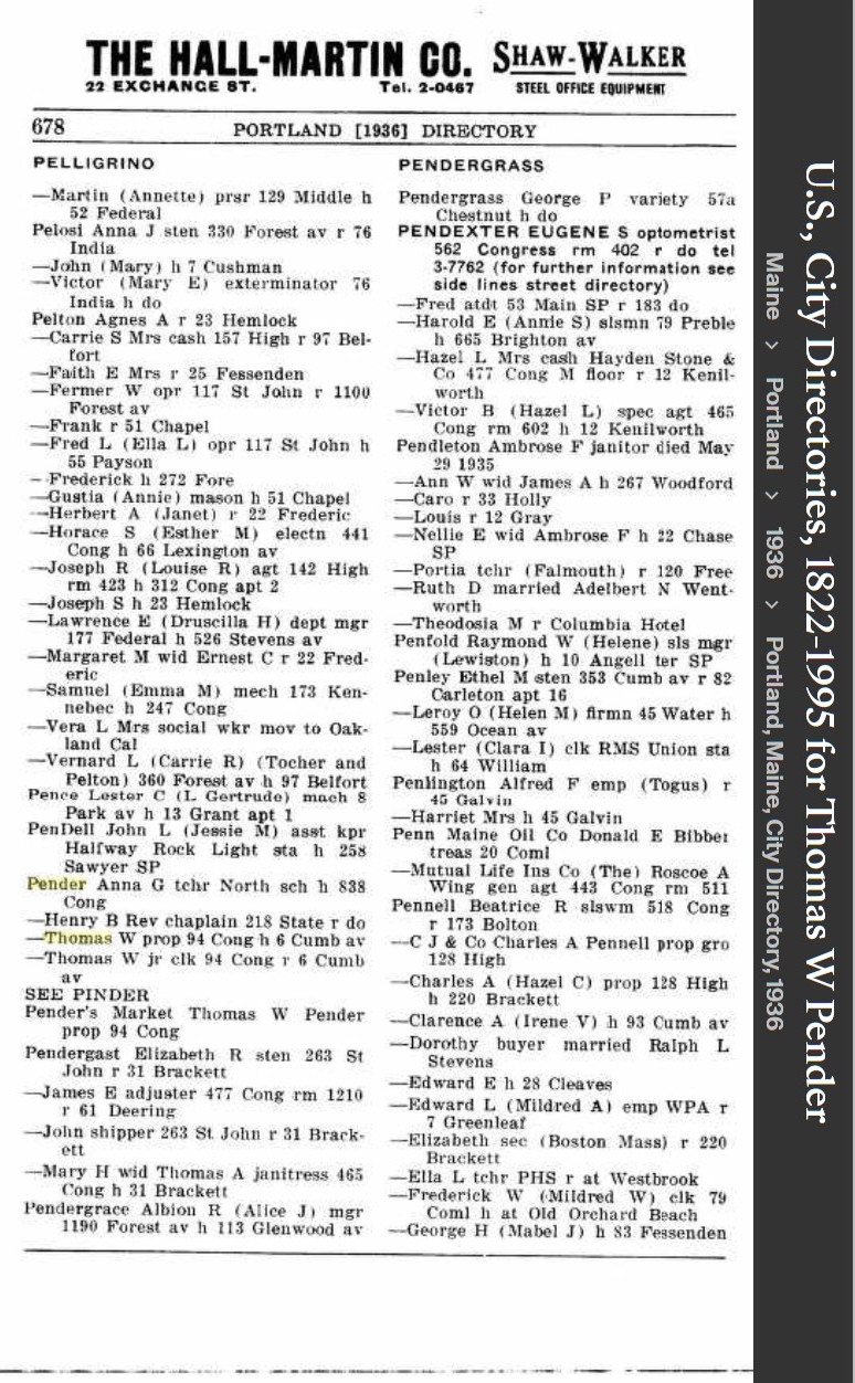 Thomas William Pender Sr --U.S., City Directories, 1822-1995(1936)