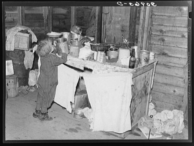Little girl in kitchen of farm home. Sheridan County,...