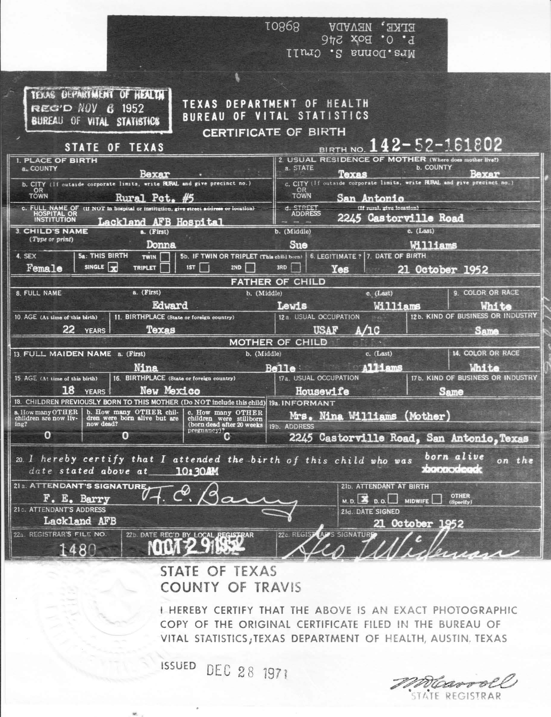 Donna Sue Crull Birth Certificate, Texas