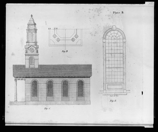 [Plan and elevations of a church. Side elevation, plan of...