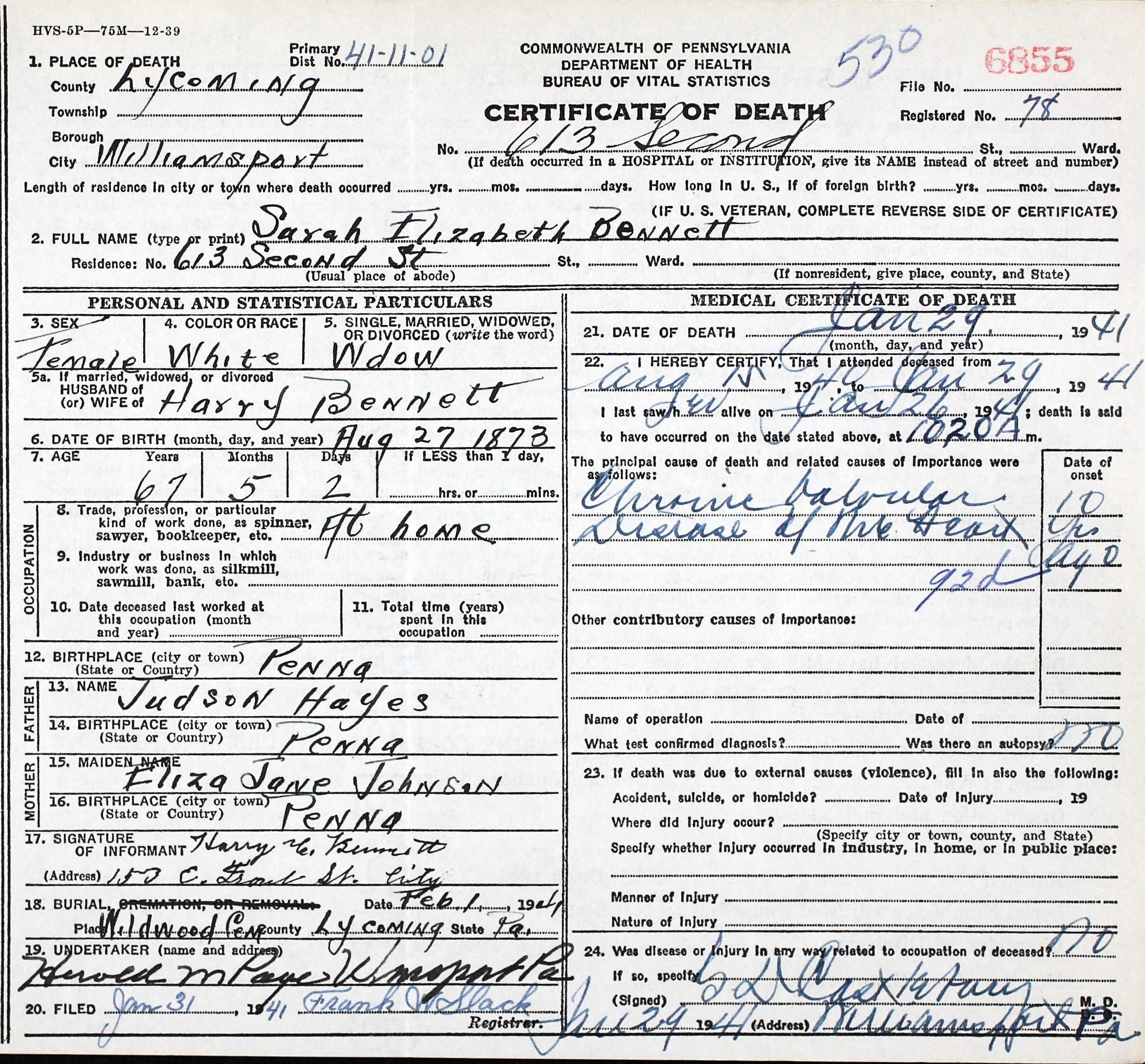 Sarah Elizabeth Hayes Bennett death certificate