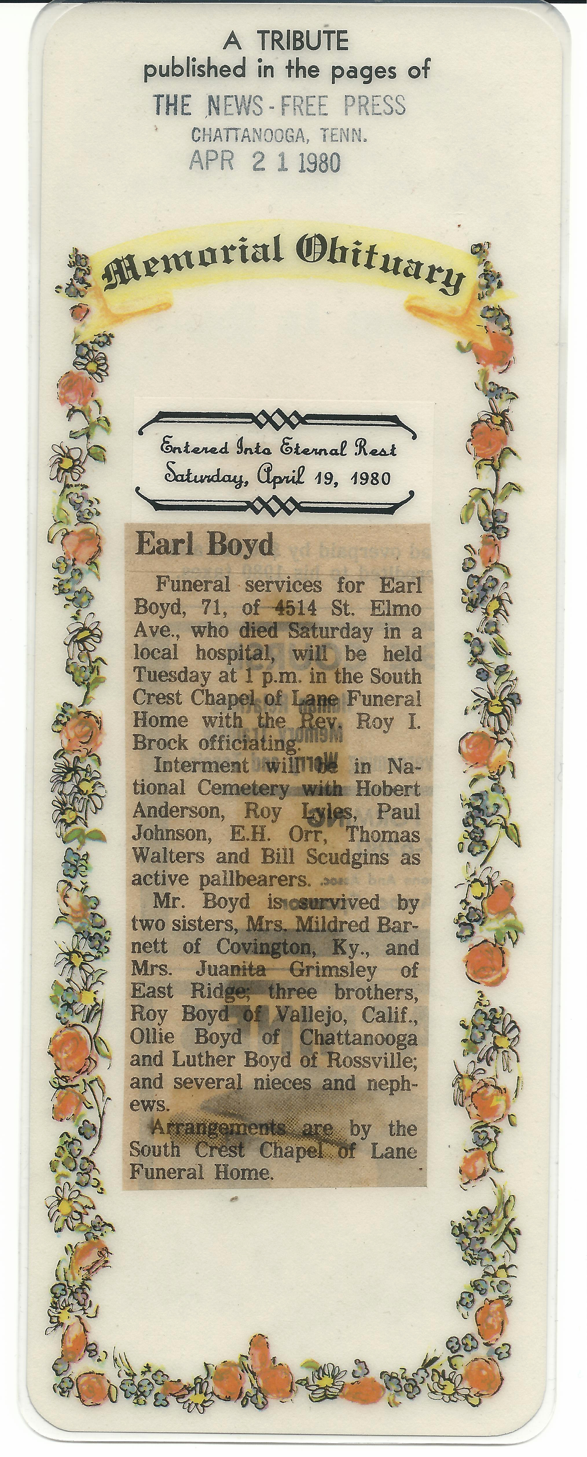 Earl Boyd Memorial Obituary