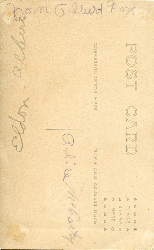 Back of postcard of Eldon Albert and Alice McCarty