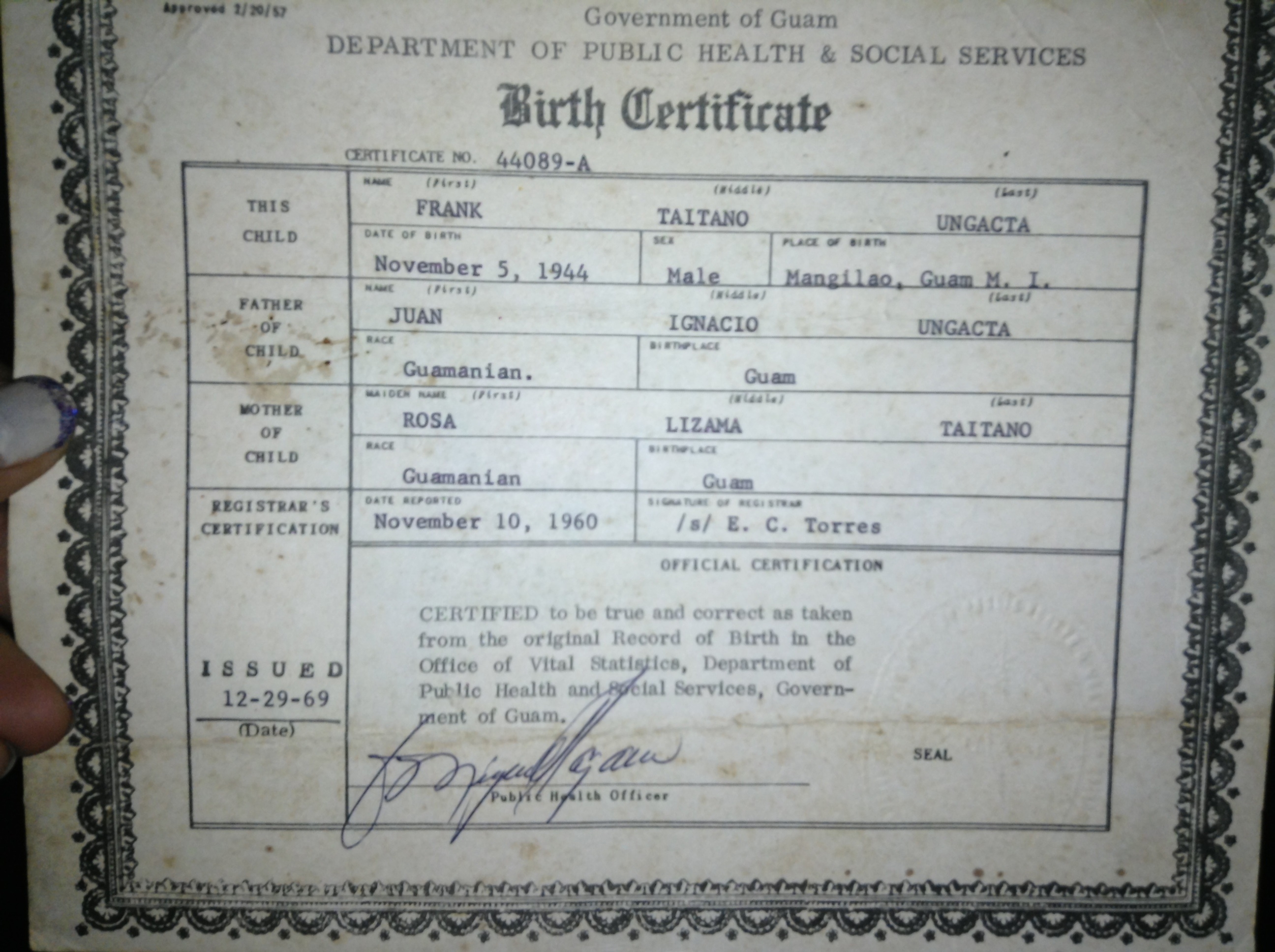 Frank Ungacta birth certificate