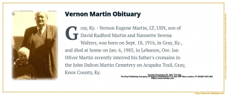 Vernon Eugene Martin, Obituary