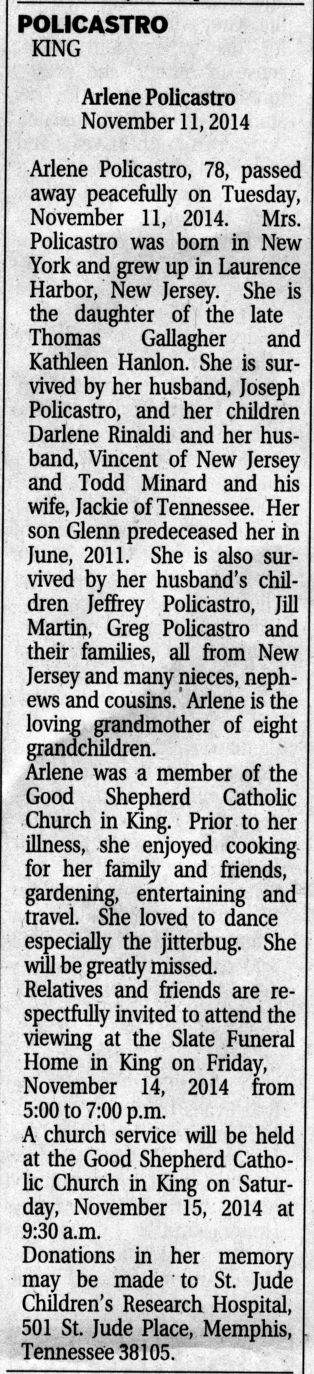 Policastro, Arlene Gallagher Minard -  obituary
