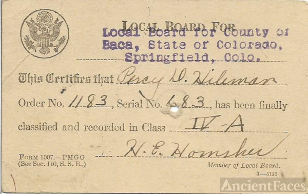 Percy D. Hileman - draft card