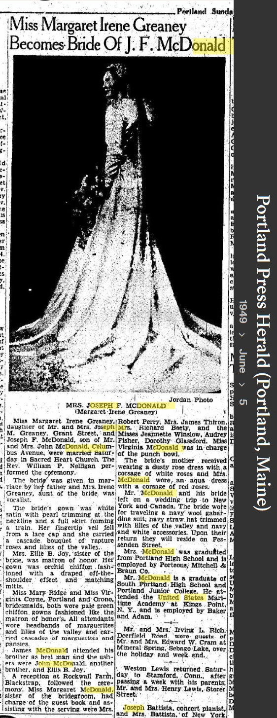 Joseph Francis McDonald--Portland Press Herald (Portland, Maine)(5 jun 1949)