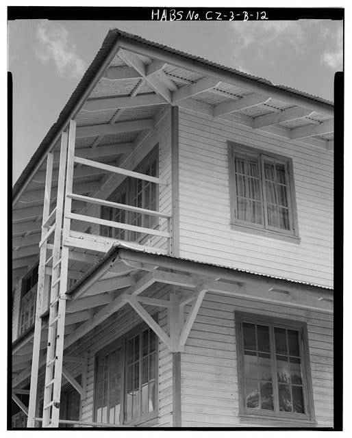 Detail of fire escape at south corner, facing north. -...