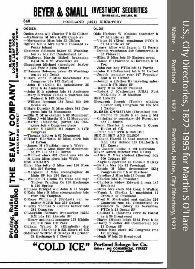 Martin Scanlan O'Hare --U.S., City Directories, 1822-1995(1921)