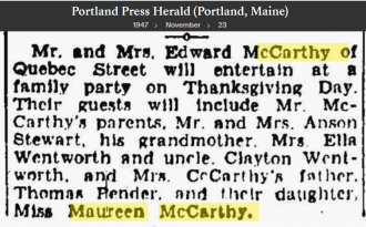 Mary Frances (Pender) McCarthy--Portland Press Herald (Portland, Maine) 23 nov 1947