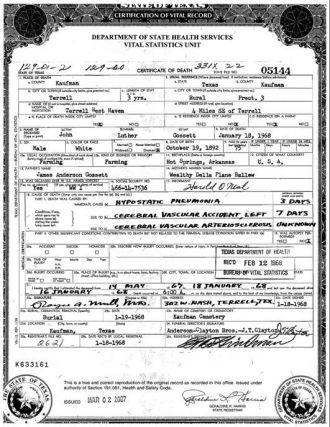 Gossett, John Luther Death Certificate