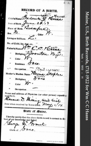 Frederick Jeffrey Haase--Maine, U.S., Birth Records, 1715-1922(1913)