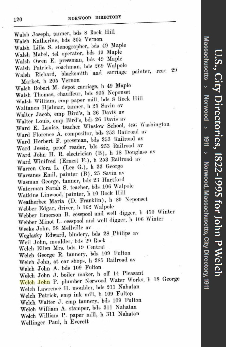 John Patrick Welch --U.S., City Directories, 1822-1995(1911)