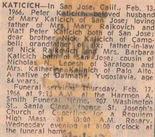 Peter Katicich's obituary, 1888-1966, Cupertino, CA, San Jose Mercury News